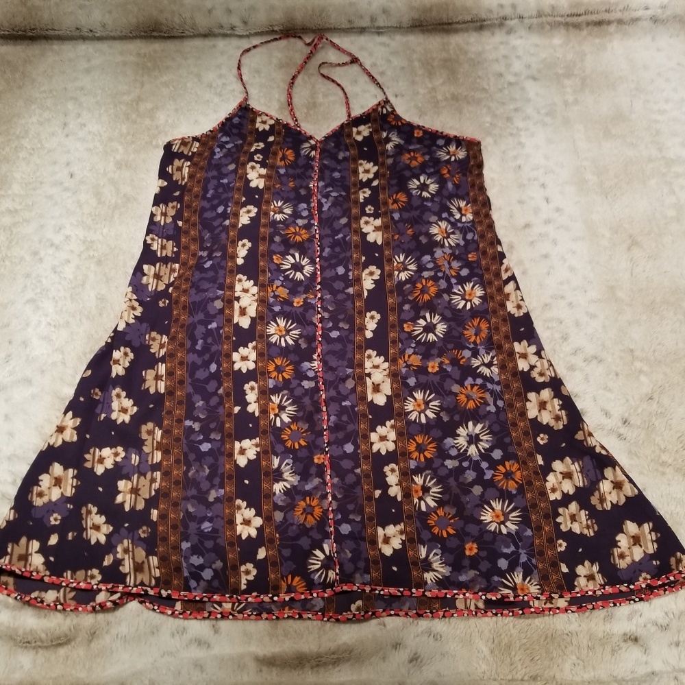 Buttons Blue Red Beige Floral Print Light Weight Slip Dress Size 0/1 Bust 36 In - Picture 1 of 5